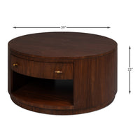 Dimension drawing for Round Walnut Drum Coffee Table with Storage Drawer