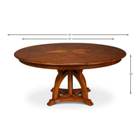 Round walnut dining table dimensions shown with measurements.