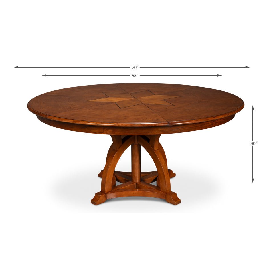 Round walnut dining table dimensions shown with measurements.