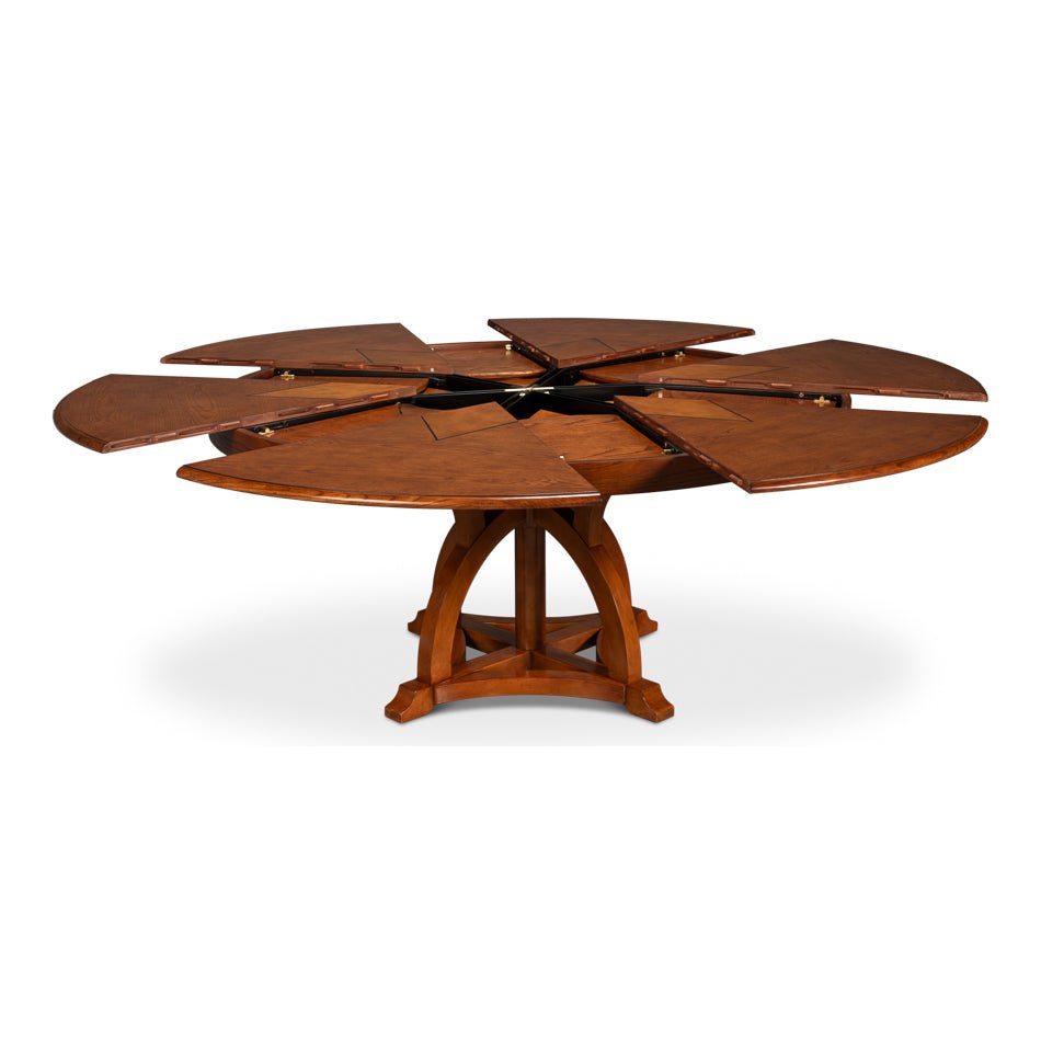 Opening mechanism of walnut dining table in action.
