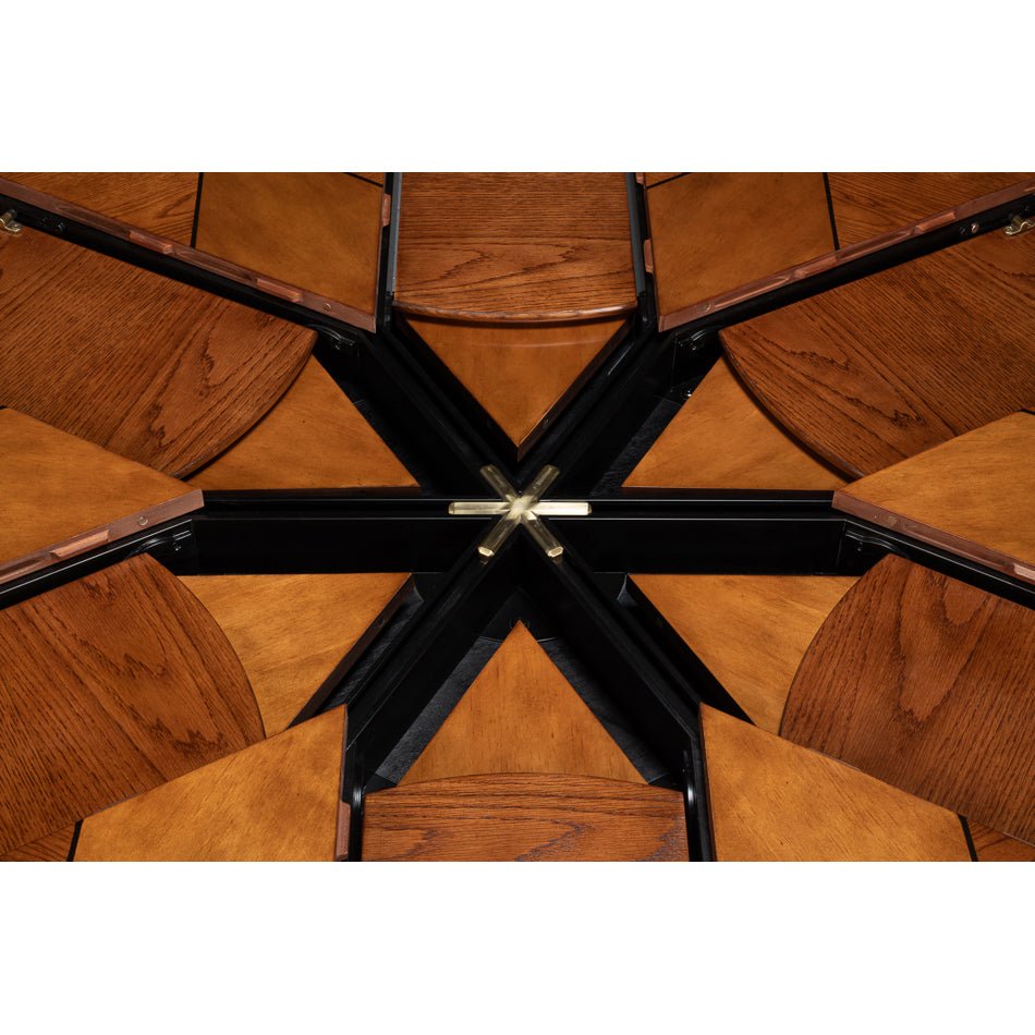Close-up of extension mechanism in walnut dining table.