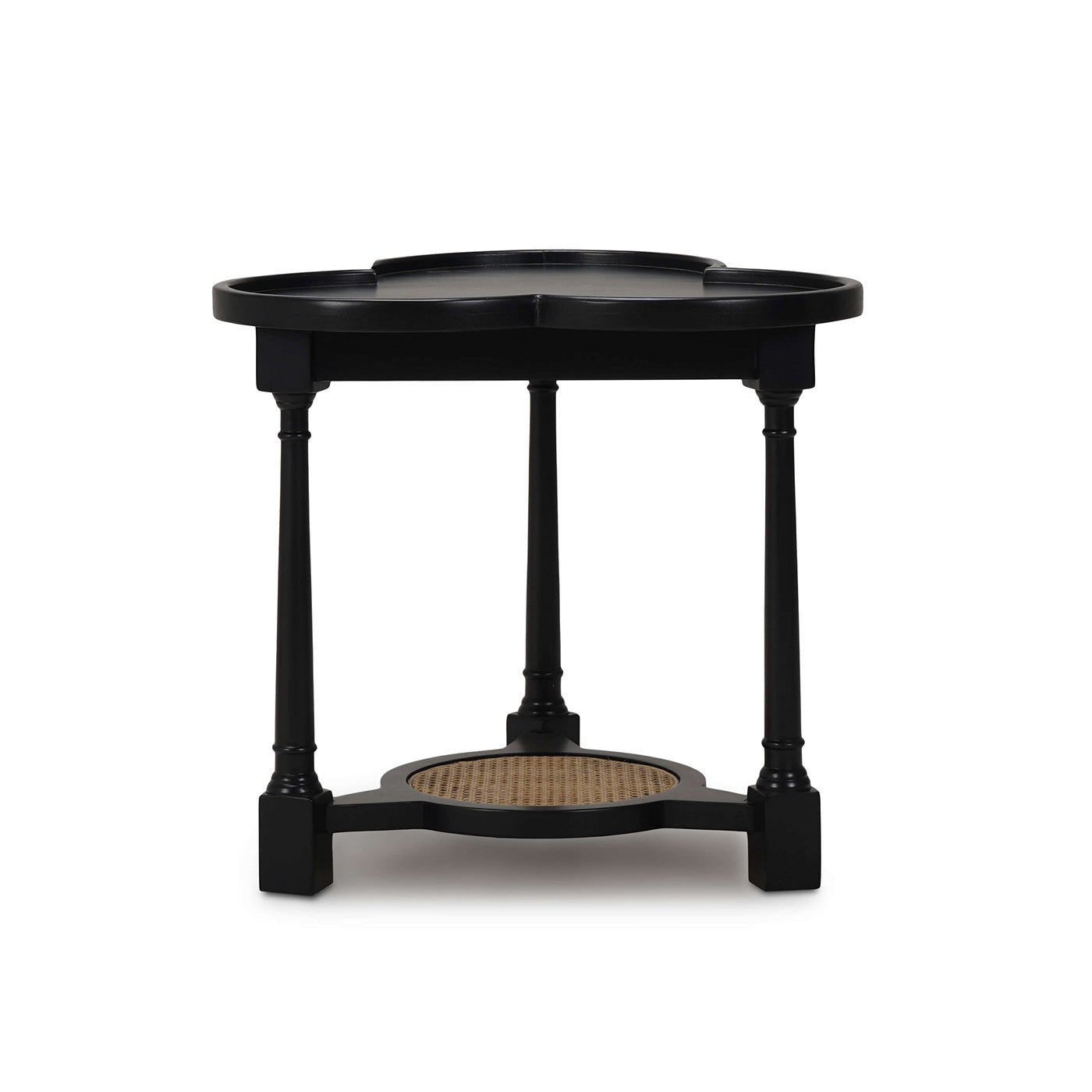 Clover accent table front view, balanced structure, black finish.