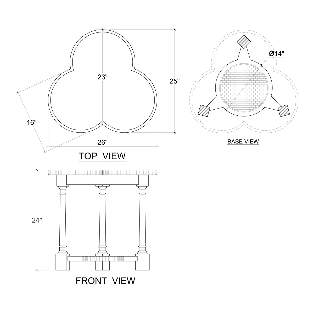 Clover accent table technical drawing, dimensions and design.