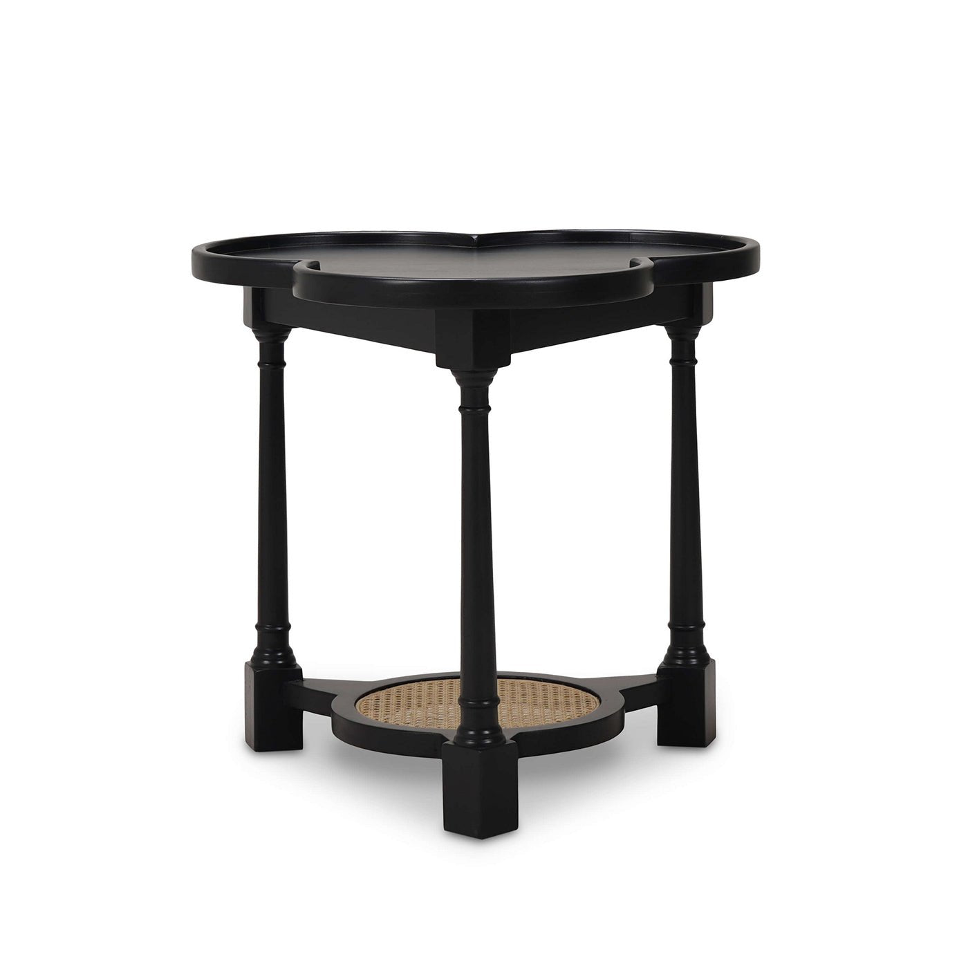 Clover accent table diagonal view, classic craftsmanship.