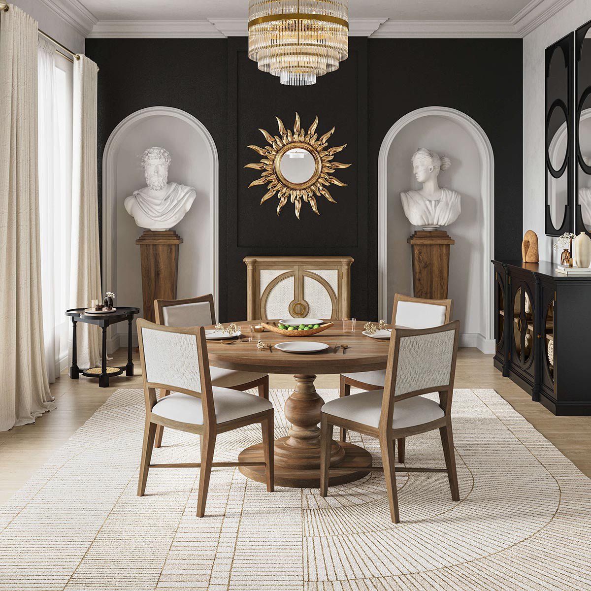 Clover accent table in dining room, luxurious setting.
