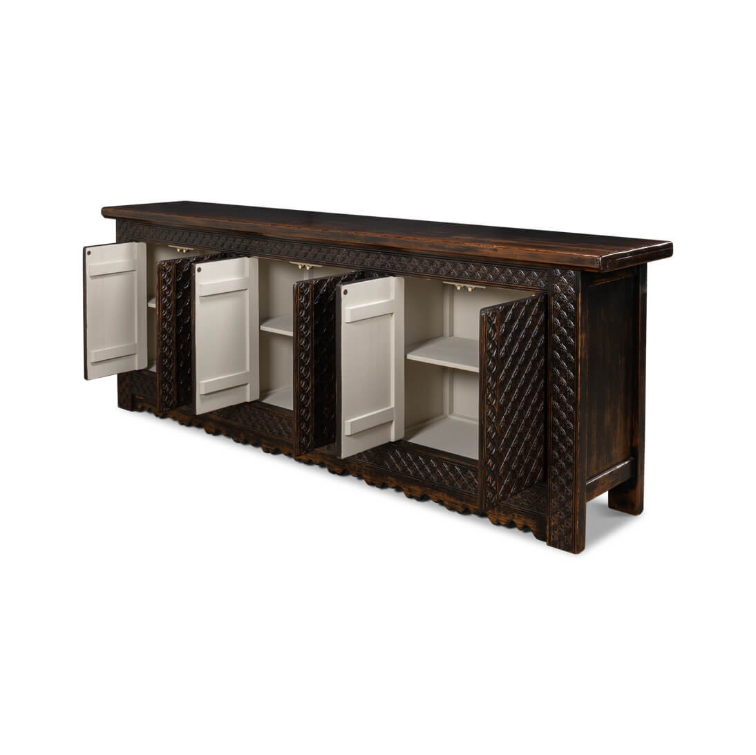 Open doors of Moroccan sideboard showing shelves.