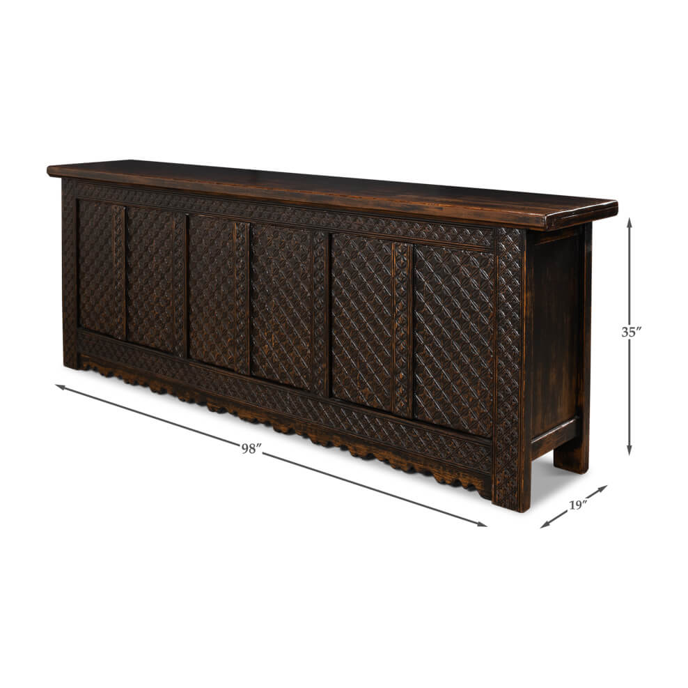 Rustic brown Moroccan sideboard dimensions: 35x98x19 inches.
