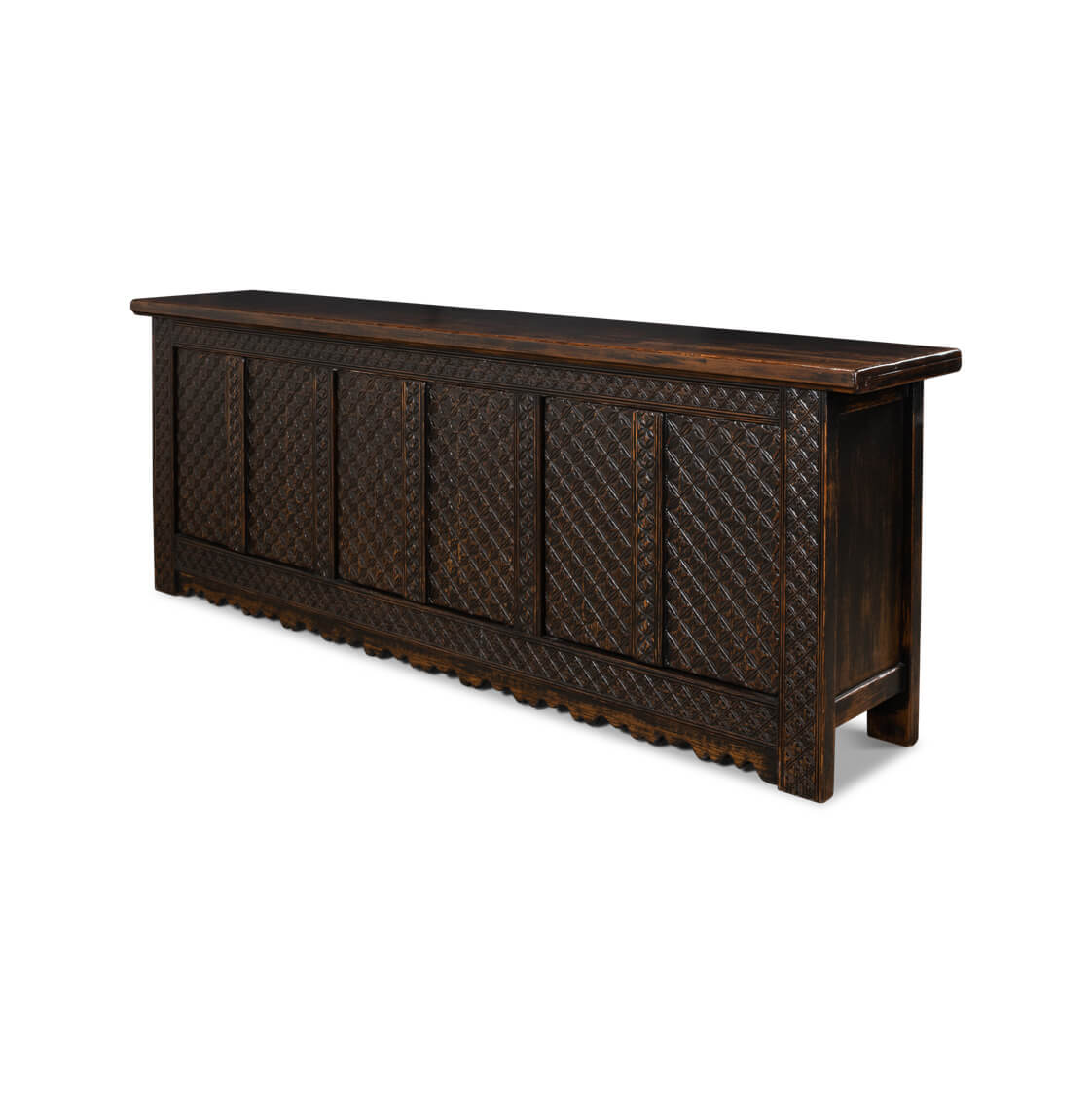 Rustic brown Moroccan sideboard, angled front view.