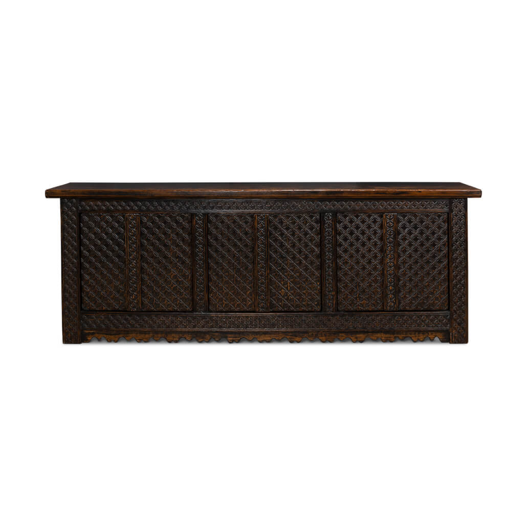 Front view of rustic brown Moroccan sideboard.