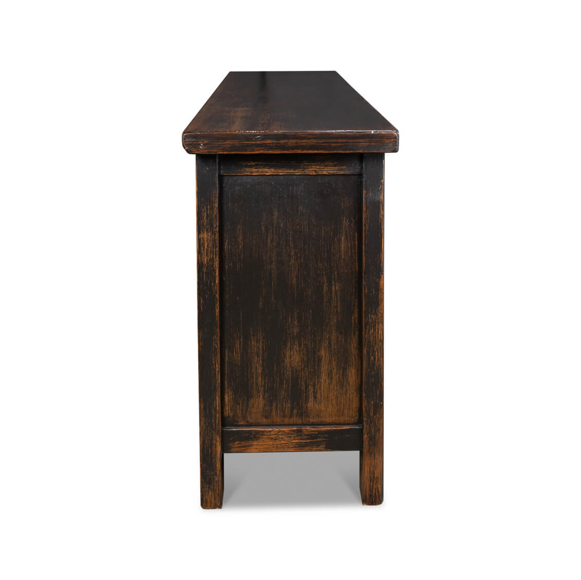 Side profile of rustic brown Moroccan sideboard.