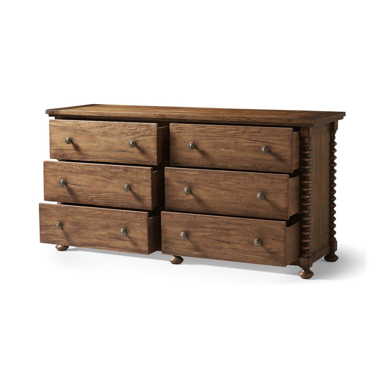 Rustic Colonial double dresser with open drawers.