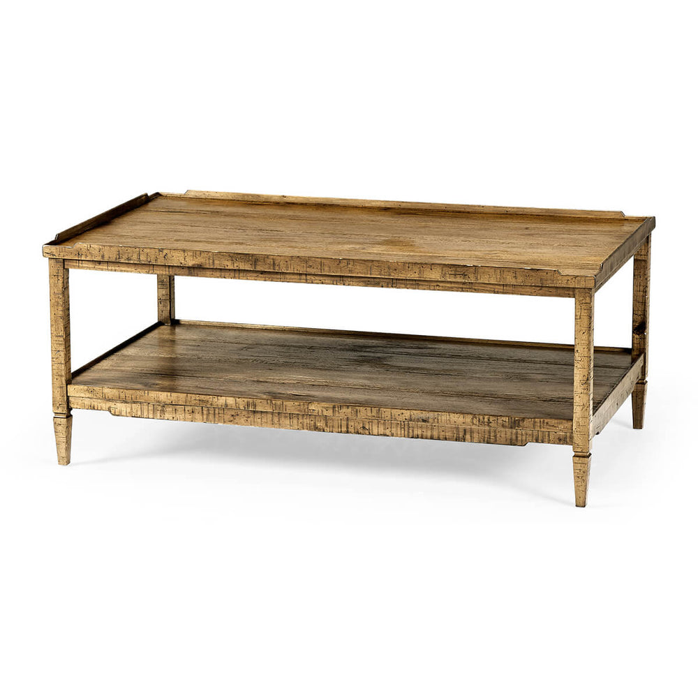 Rustic country coffee table with wooden top view.