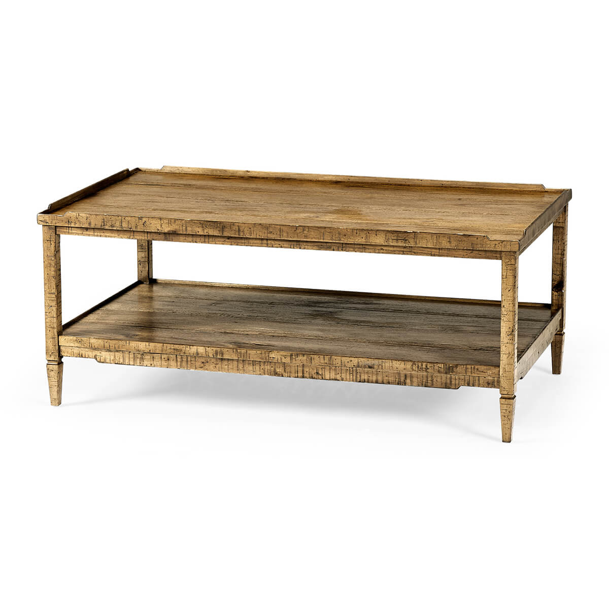 Rustic country coffee table with wooden top view.
