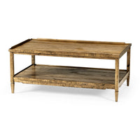 Rustic country coffee table with wooden top view.