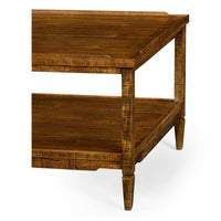 Close-up corner detail of walnut coffee table.