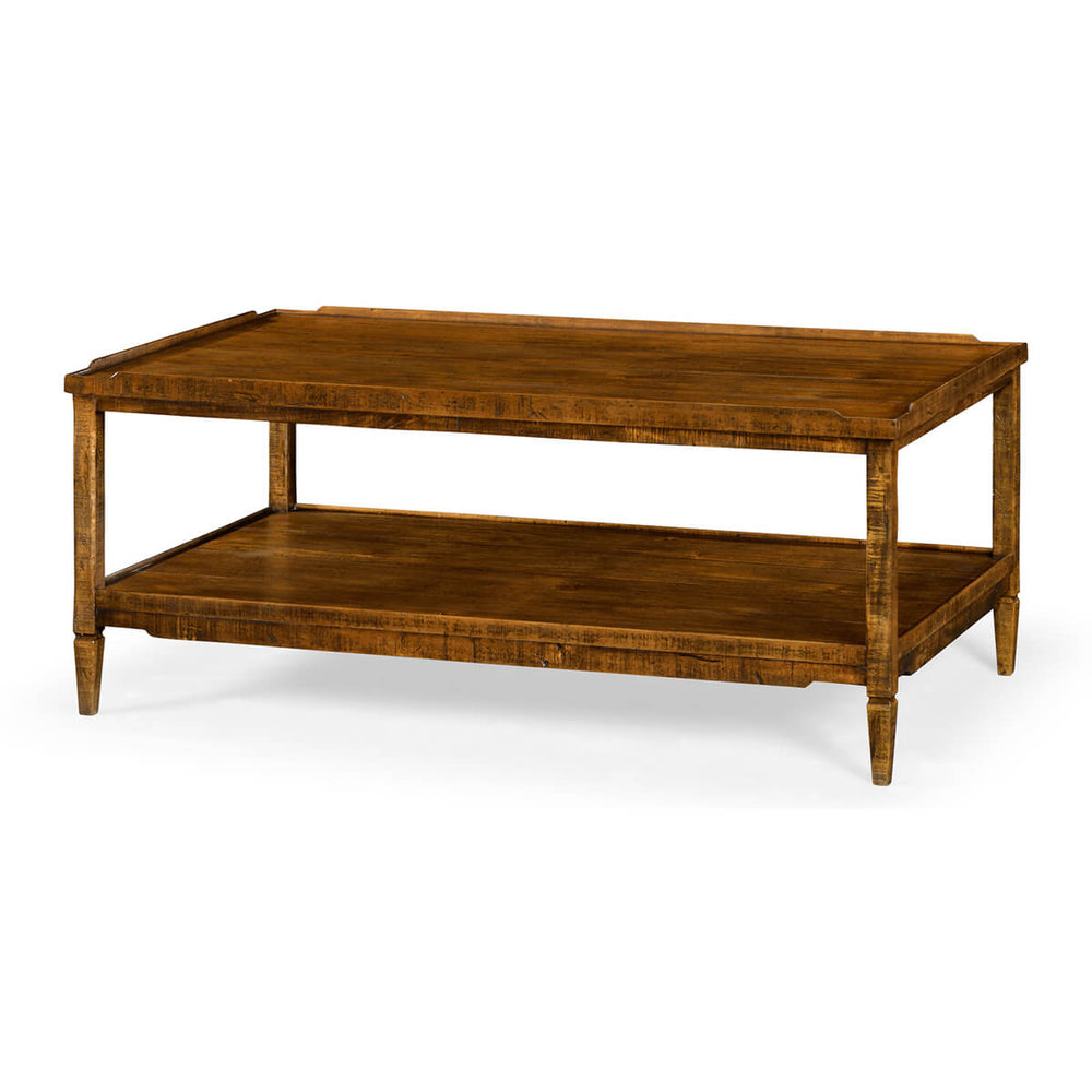 Rustic country coffee table, front view with shelf.