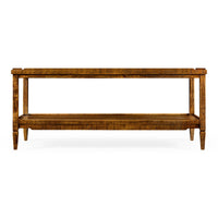 Side profile of walnut coffee table, open space.