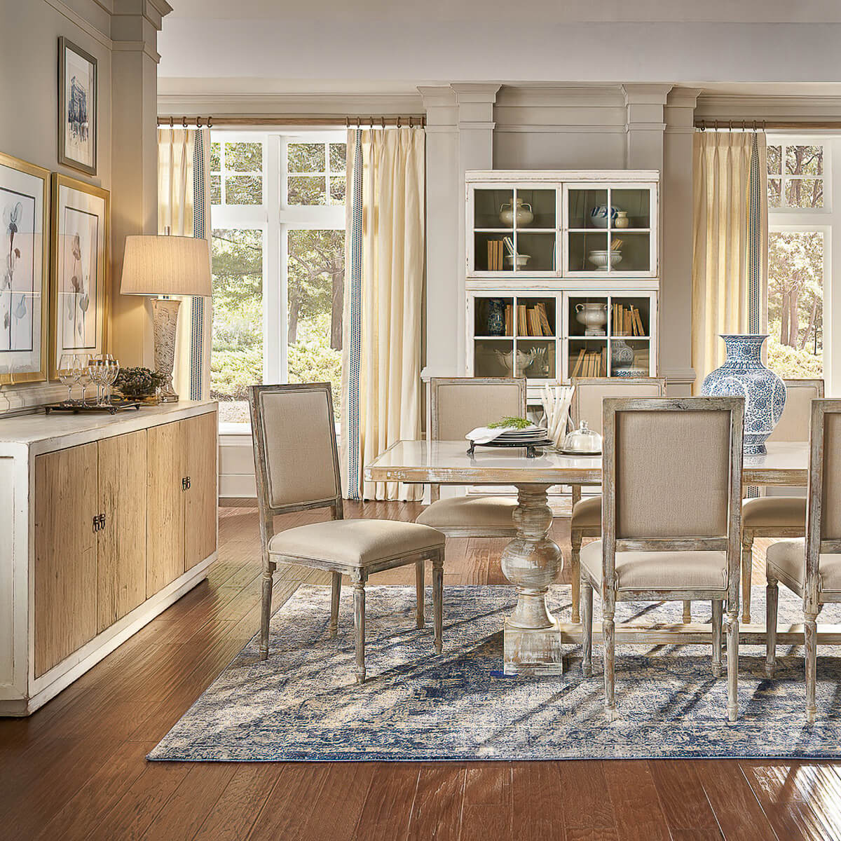 Dining room with rustic country house cabinet sideboard.