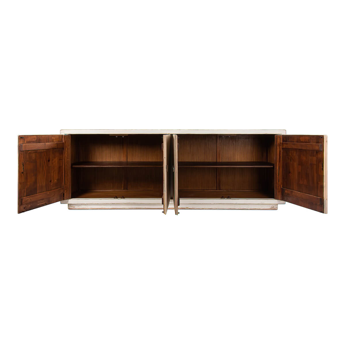 Interior shelves of rustic country house cabinet sideboard.