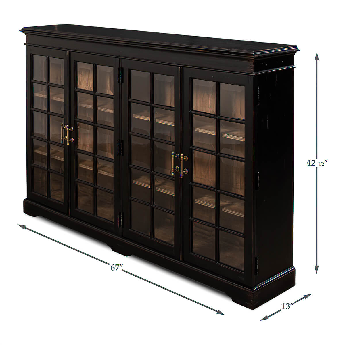 Measured dimensions of rustic bookcase with glass doors.