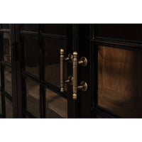 Close-up of handles on rustic bookcase doors.