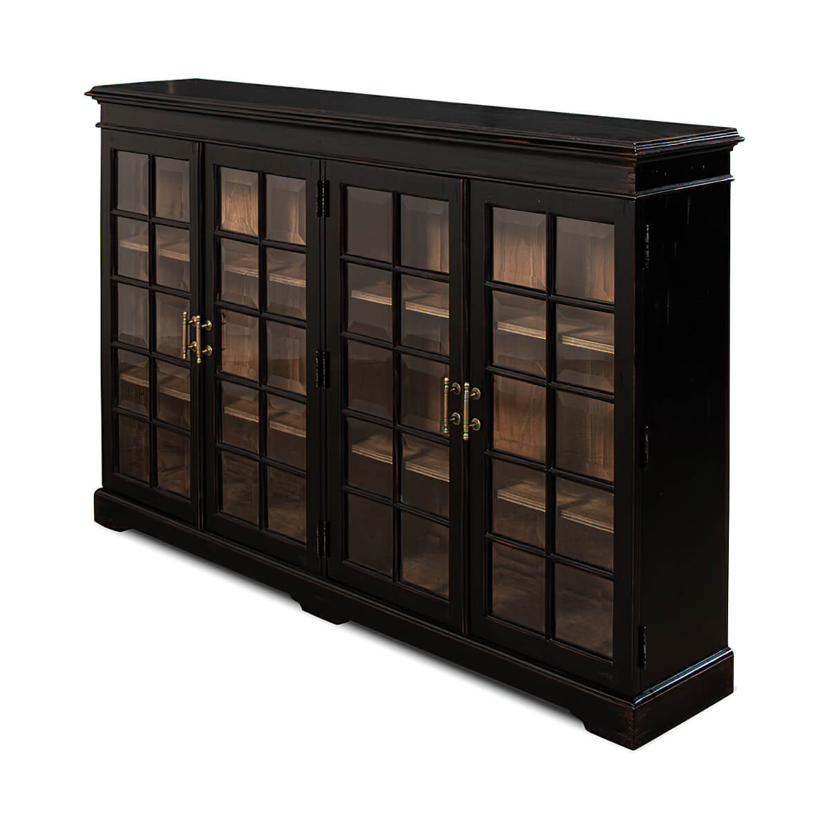 Rustic country bookcase angled view with glass doors.