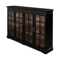 Rustic country bookcase angled view with glass doors.