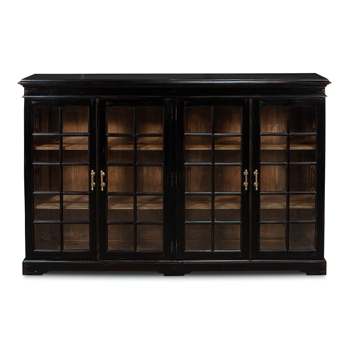 Front view of rustic bookcase with glass doors.