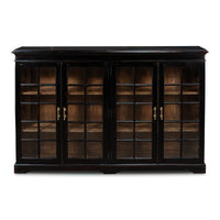 Front view of rustic bookcase with glass doors.