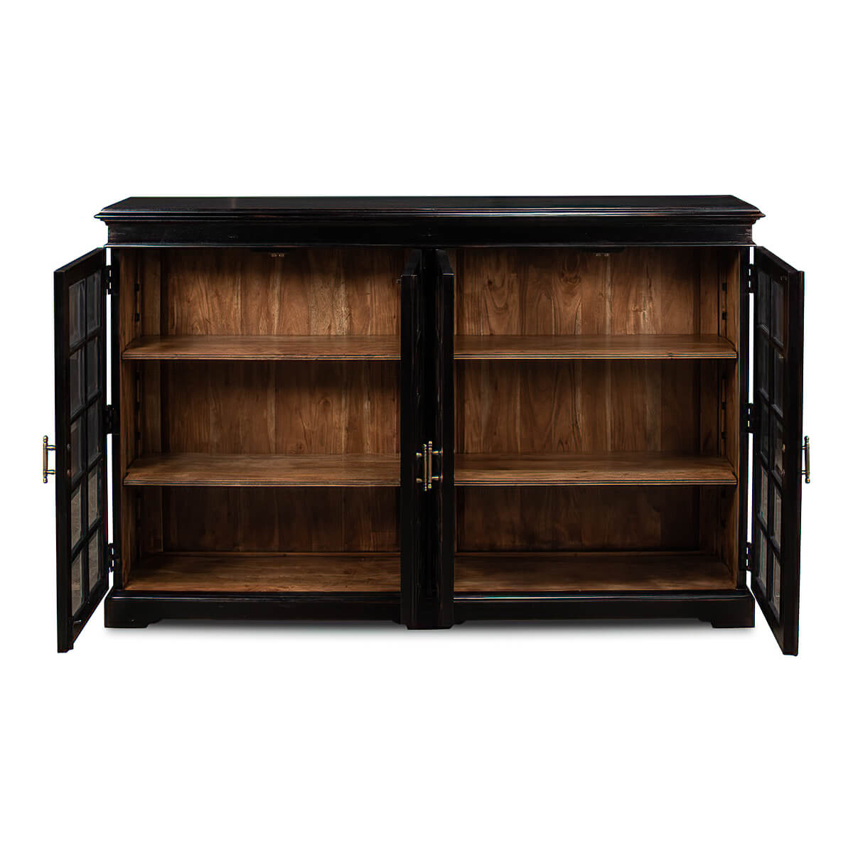 Open rustic bookcase showing shelves inside.