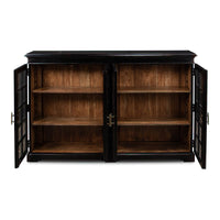 Open rustic bookcase showing shelves inside.