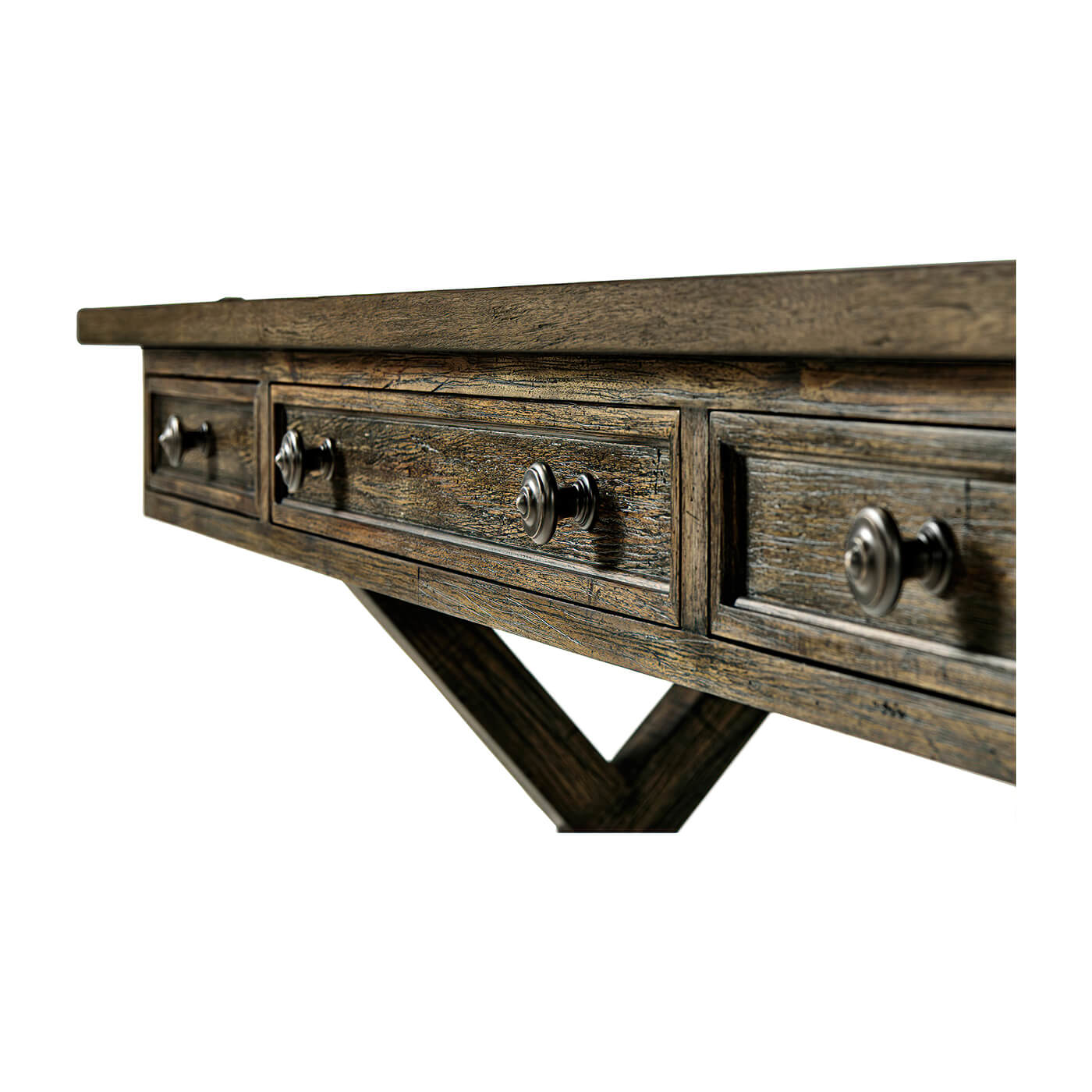 Rustic country walnut desk, detailed view of drawer knobs.