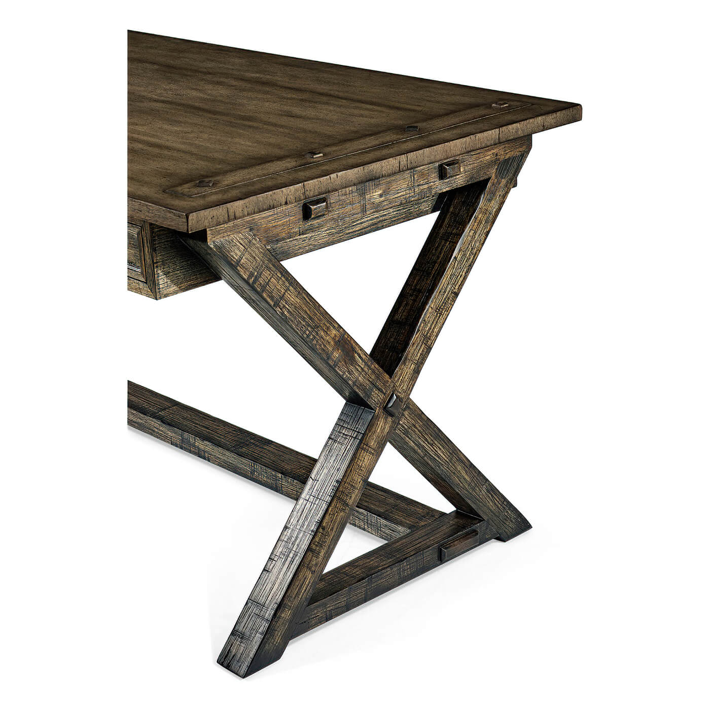 Rustic country walnut desk, focus on X-shaped leg design.
