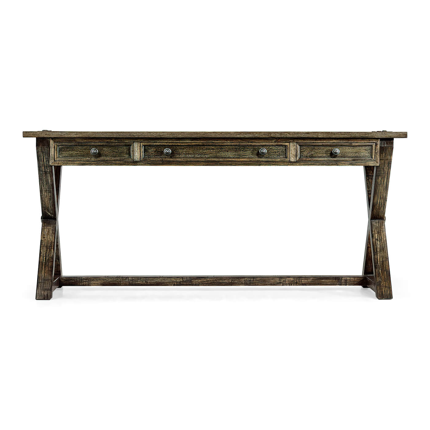 Rustic country walnut desk, front view showing structure.