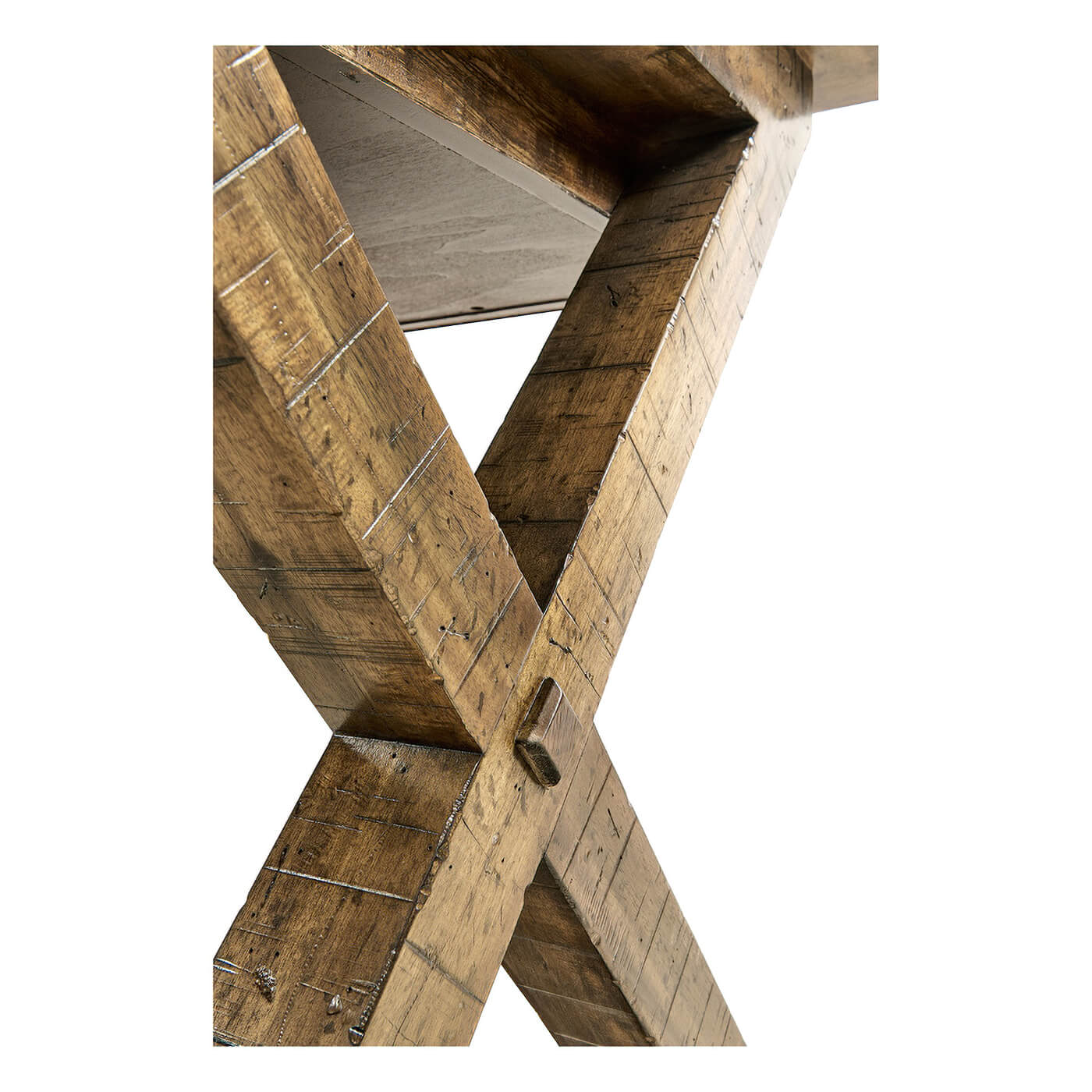 X-shaped leg design on rustic walnut desk.