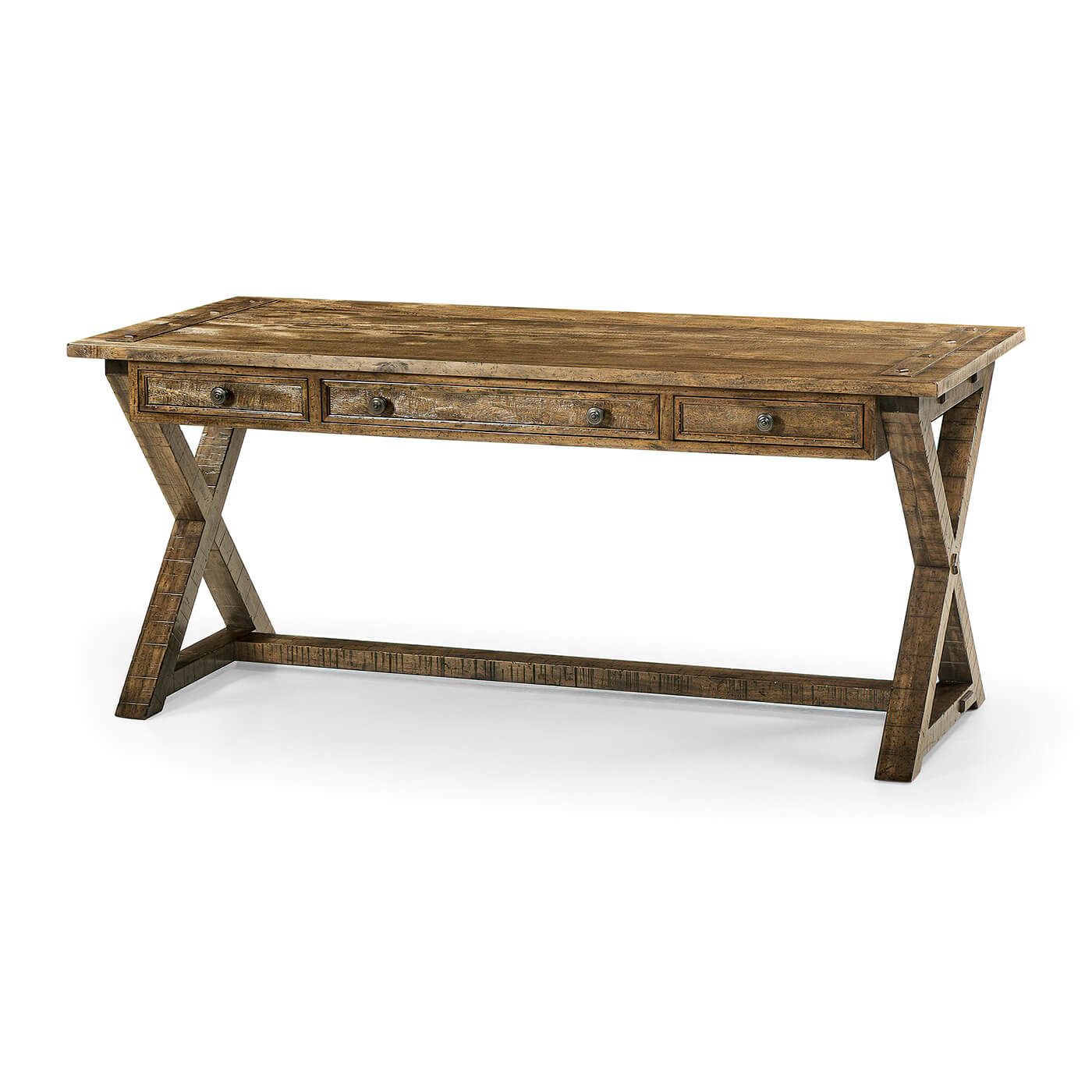 Rustic country walnut desk with drawers, angled view.
