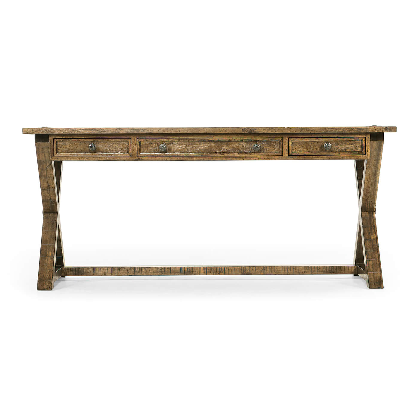 Front view of rustic desk with three drawers.