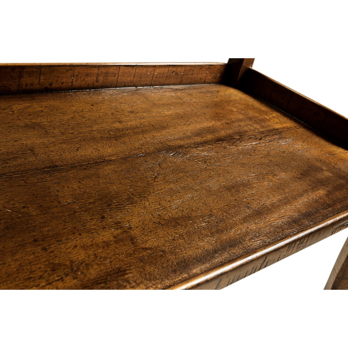 Rustic etagere shelf surface, close-up, walnut wood texture.