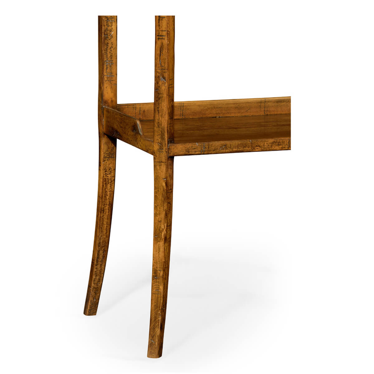 Rustic etagere leg detail, close-up, walnut finish.
