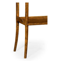 Rustic etagere leg detail, close-up, walnut finish.