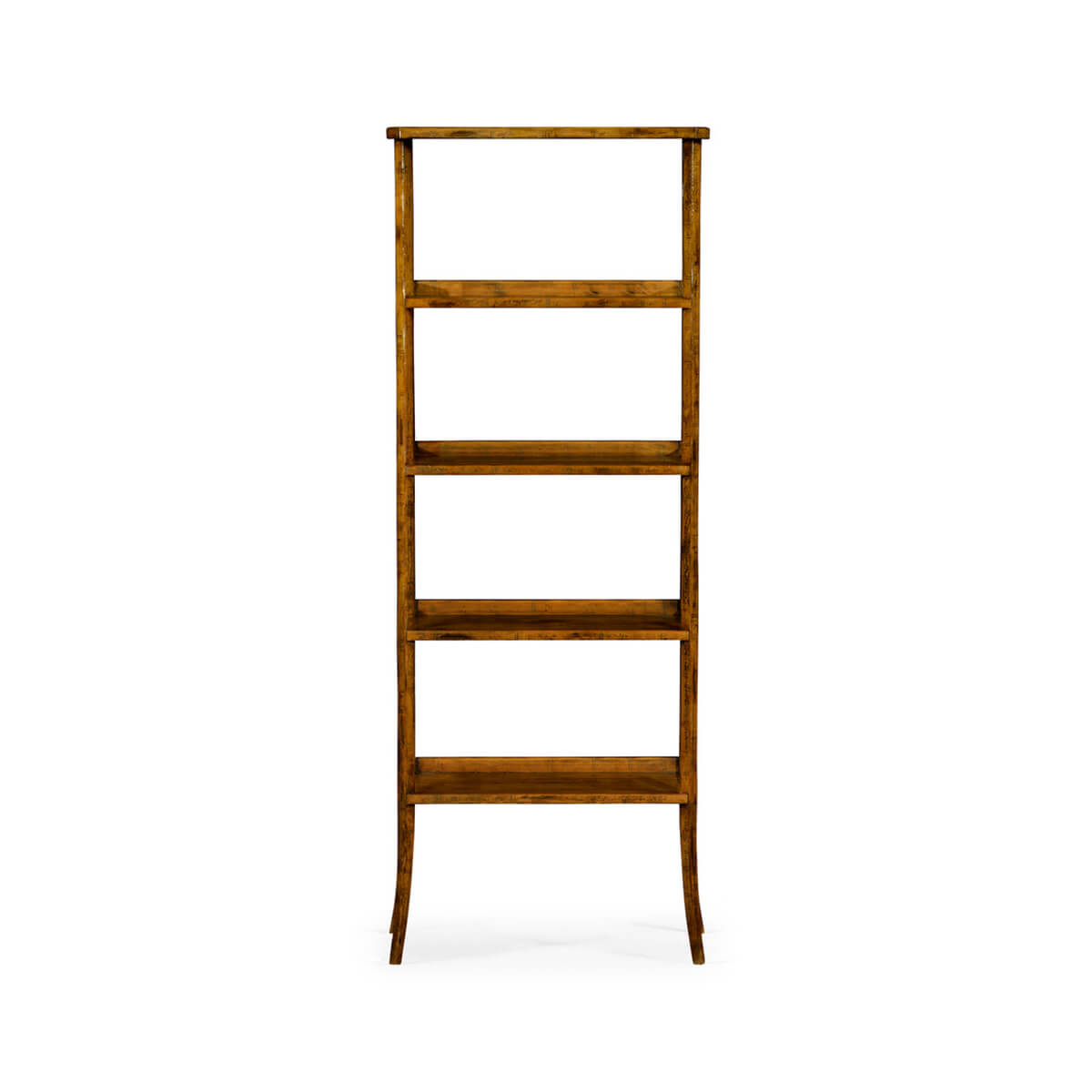 Rustic country walnut etagere, front view, five shelves.