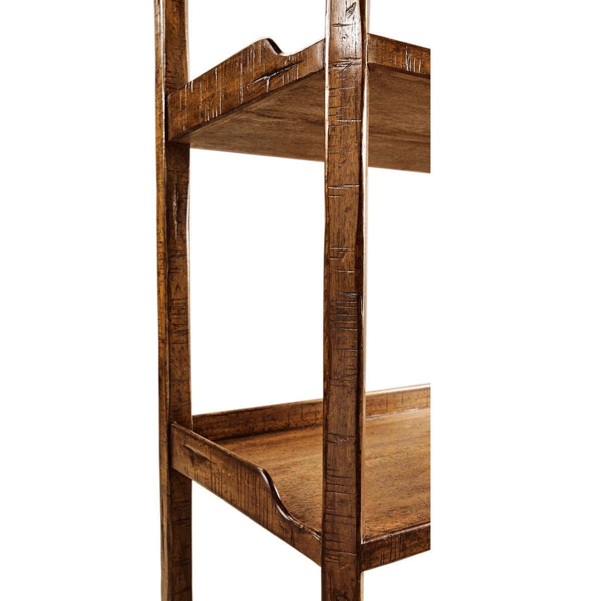 Side view, rustic etagere, shelf and leg details.