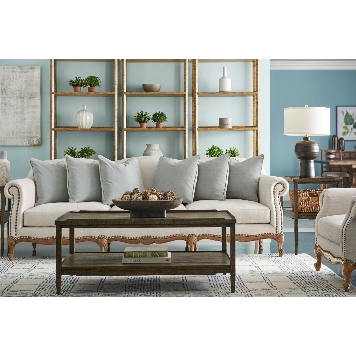 Living room with rustic etageres, decor inspiration, etagere display.