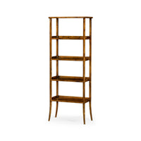 Rustic country walnut etagere, angled view, five shelves.