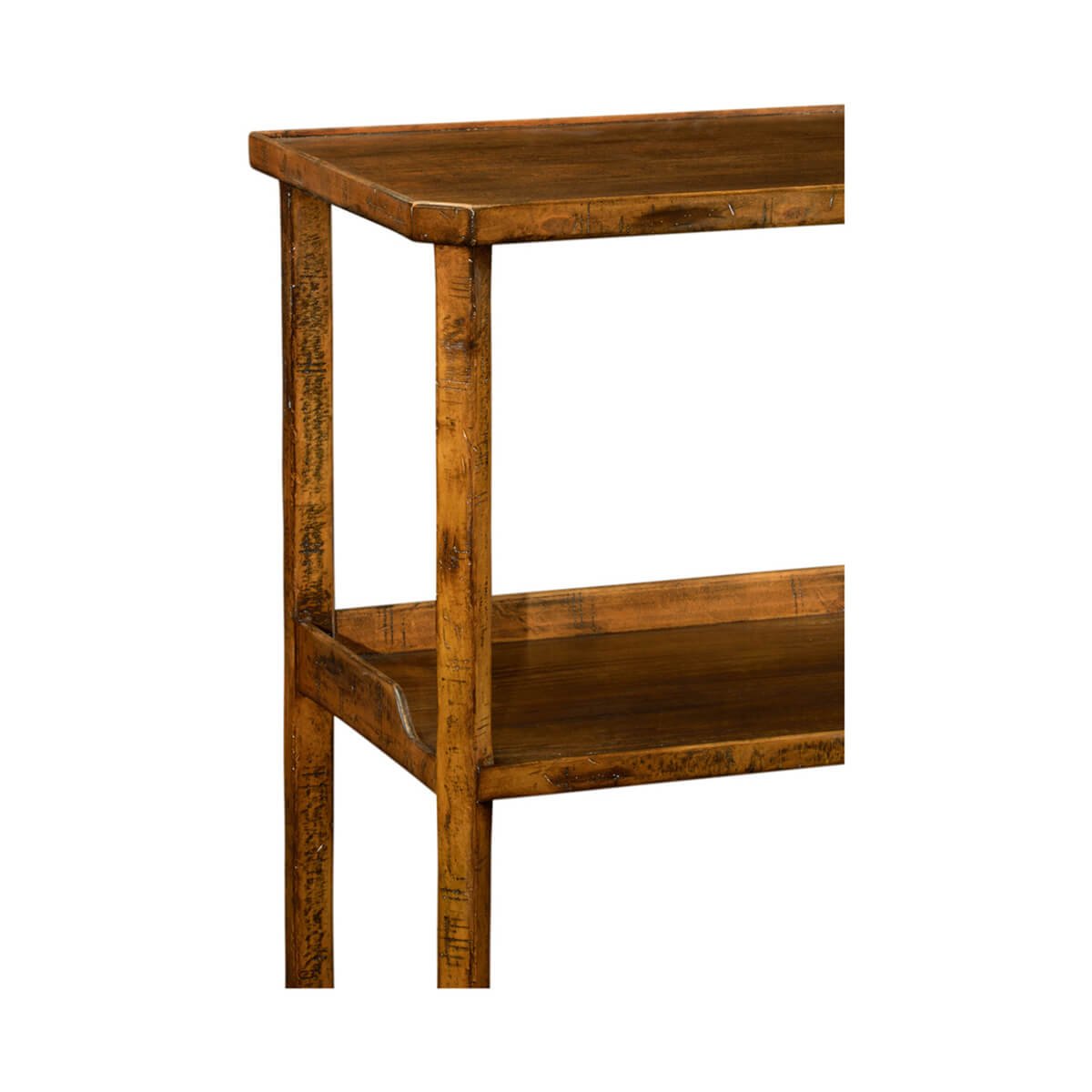 Rustic etagere corner detail, close-up of shelves and legs.