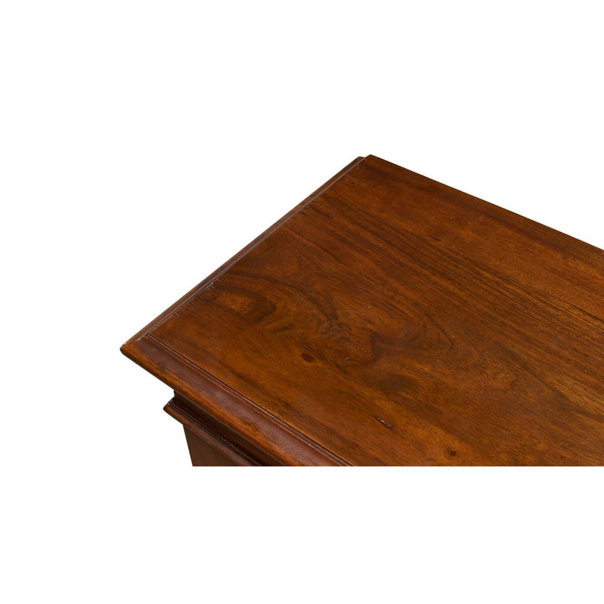 Top corner detail of rustic walnut bookcase.