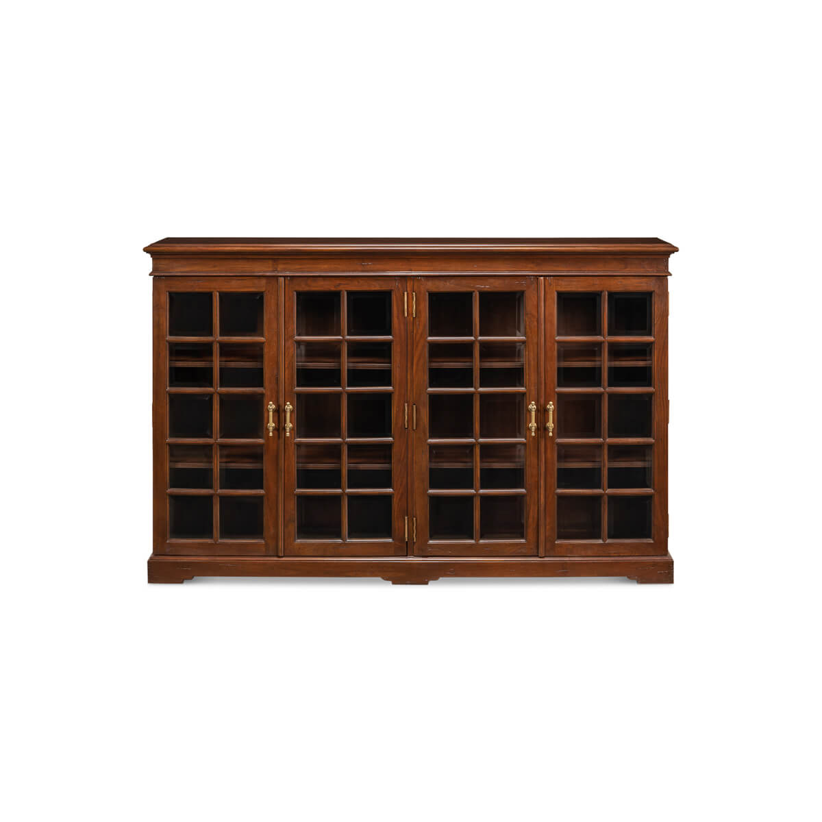 Rustic bookcase with closed doors viewed from the front.