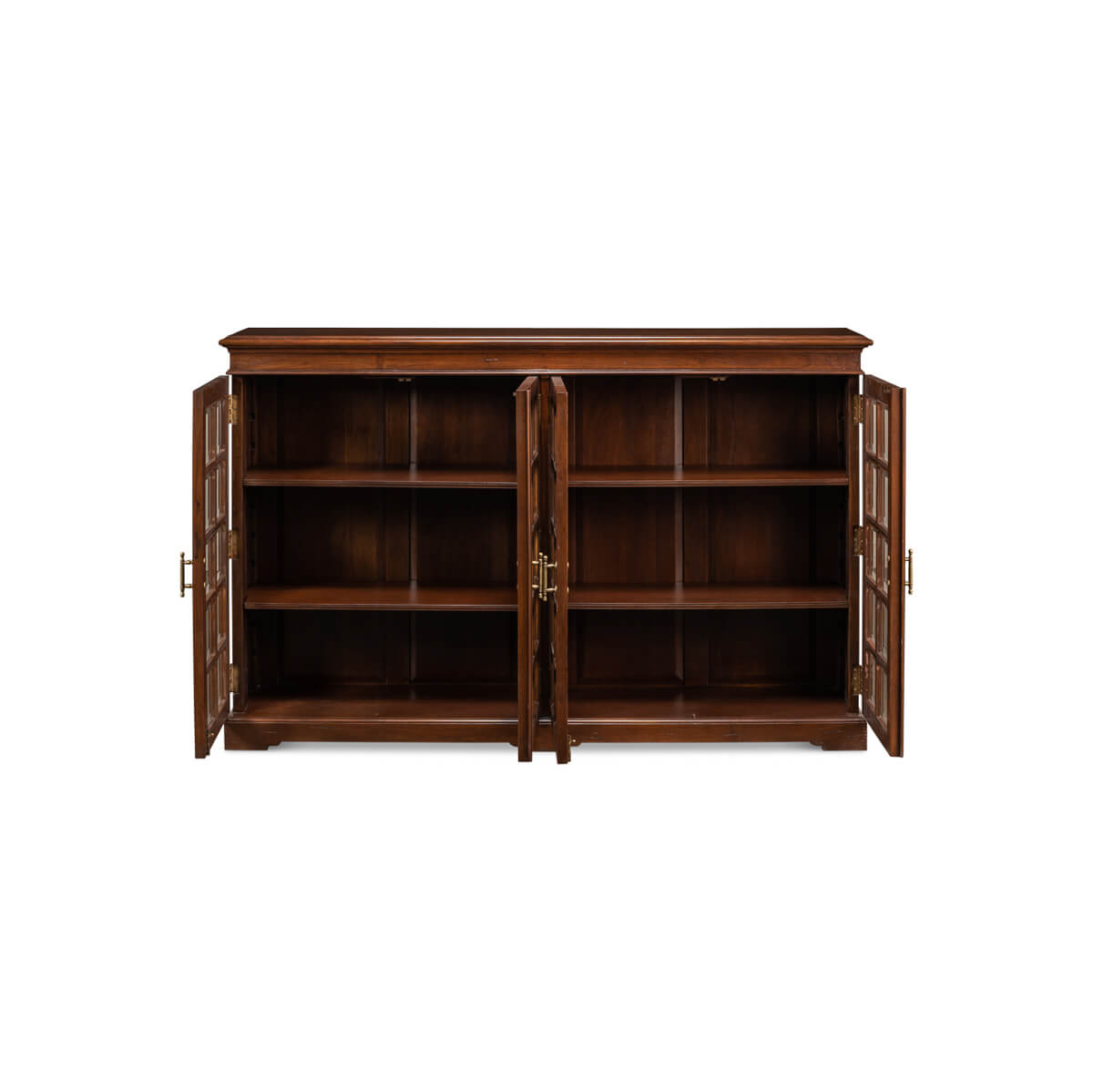Rustic walnut bookcase with open doors and shelves.