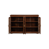 Rustic walnut bookcase with open doors and shelves.
