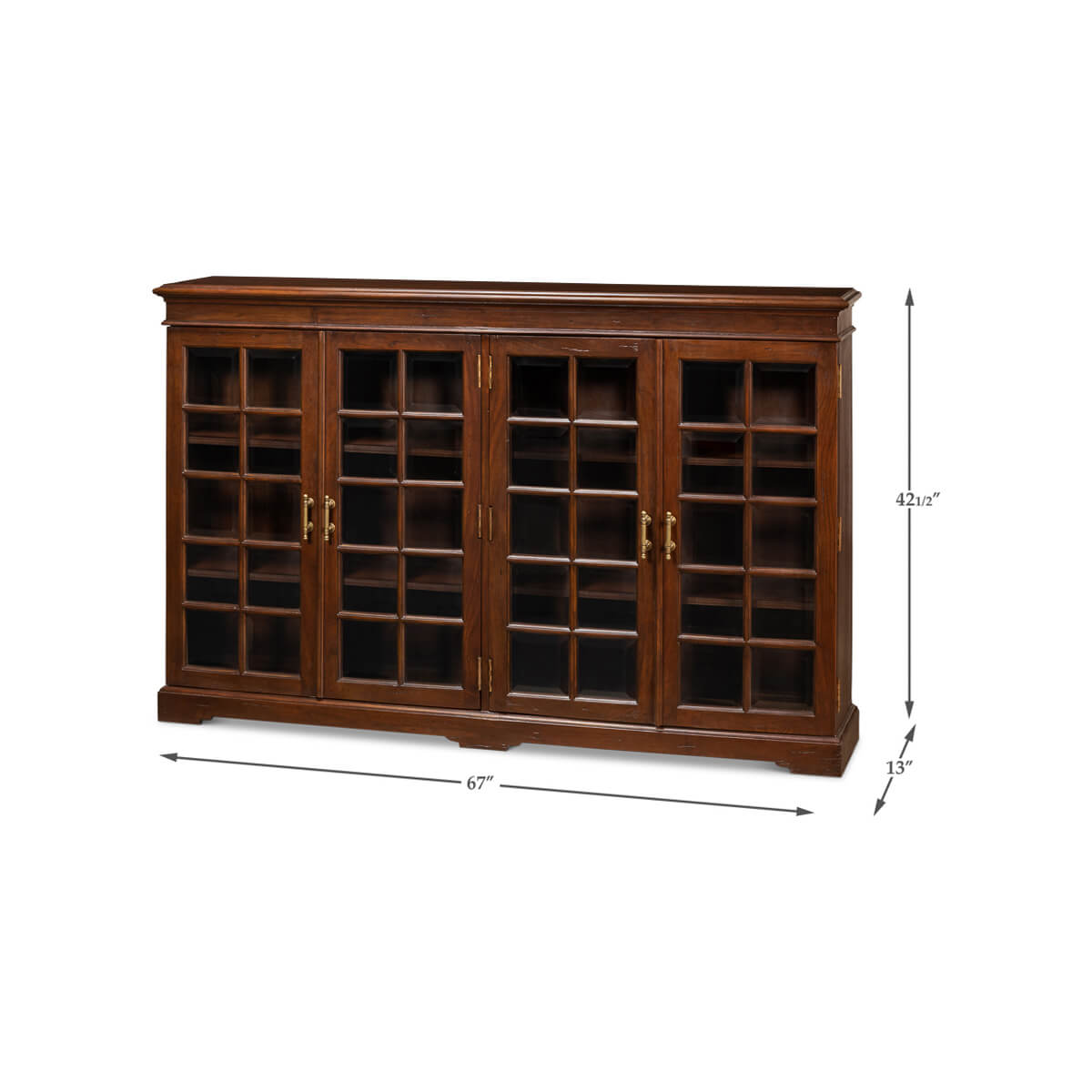 Dimension-marked rustic walnut bookcase front view.